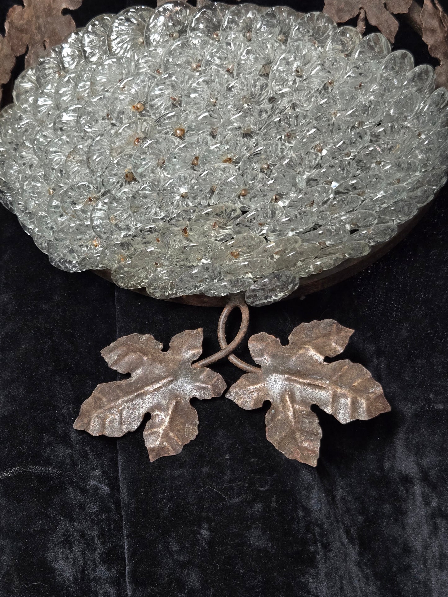 Fabulous Pair Vintage French Iron Murano Glass Basket Leaf Wall Lights Sconces