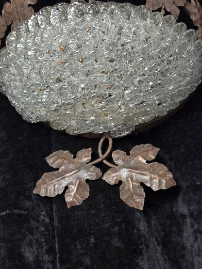 Fabulous Pair Vintage French Iron Murano Glass Basket Leaf Wall Lights Sconces