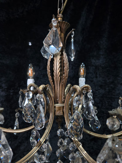 Fabulous Heavy Vintage Italian 6 Arm Leaf Crystal Chandelier Ceiling Light