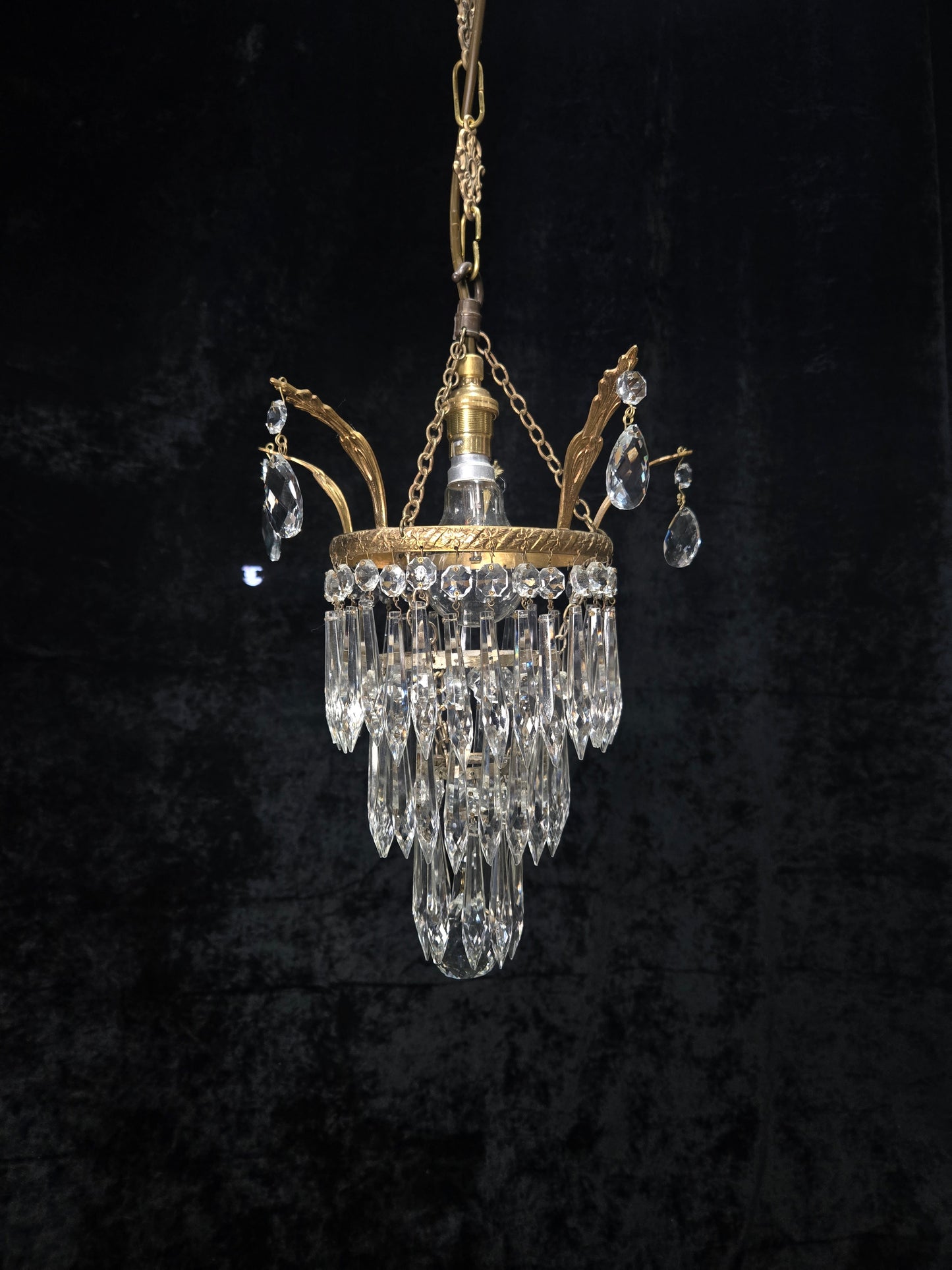 Beautiful Antique French Crystal Waterfall Brass Leaf Chandelier Ceiling Light