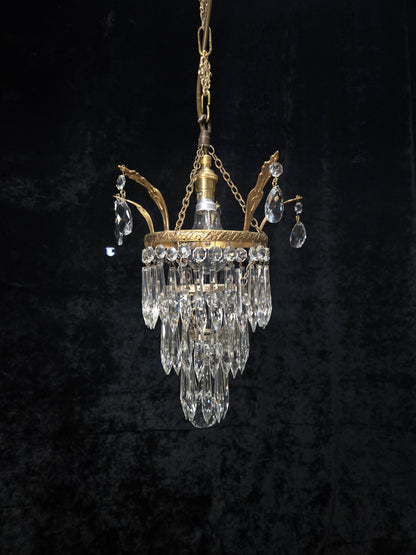 Beautiful Antique French Crystal Waterfall Brass Leaf Chandelier Ceiling Light