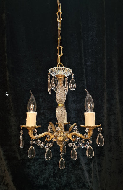 Elegant Vintage Italian 3 Arm Brass Crystal Chandelier Ceiling Light