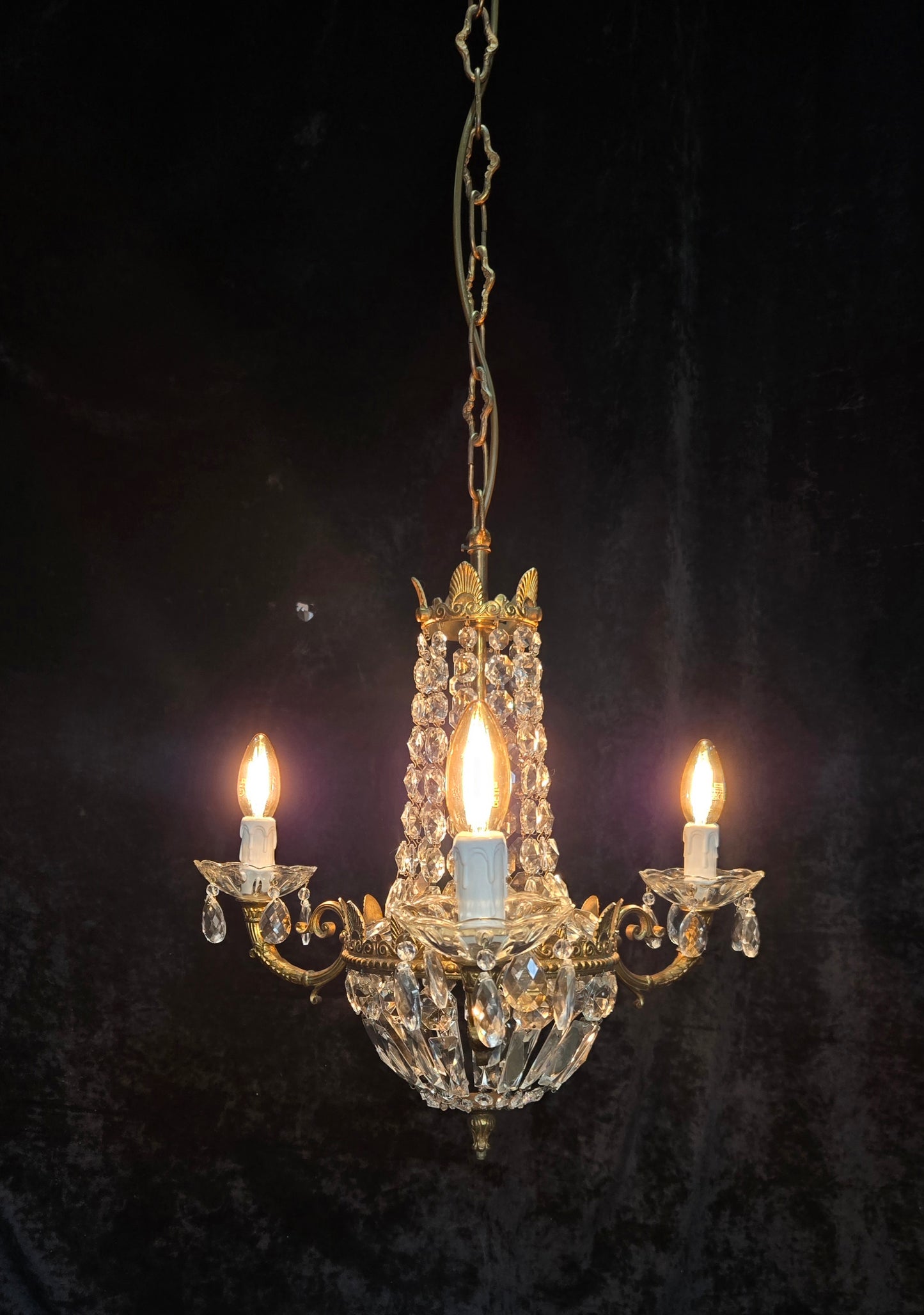 Traditional Vintage French 3 Arm Brass and Crystal Montgolfiere Bag Chandelier