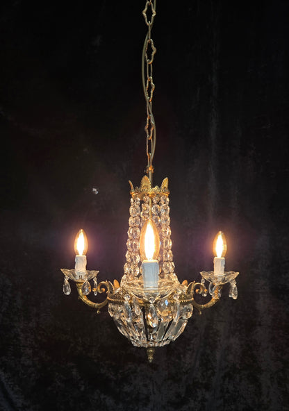 Traditional Vintage French 3 Arm Brass and Crystal Montgolfiere Bag Chandelier