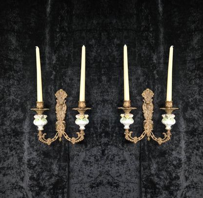 Beautiful Pair Vintage Italian 2 Arm Brass Porcelain Candle Wall Lights Sconces