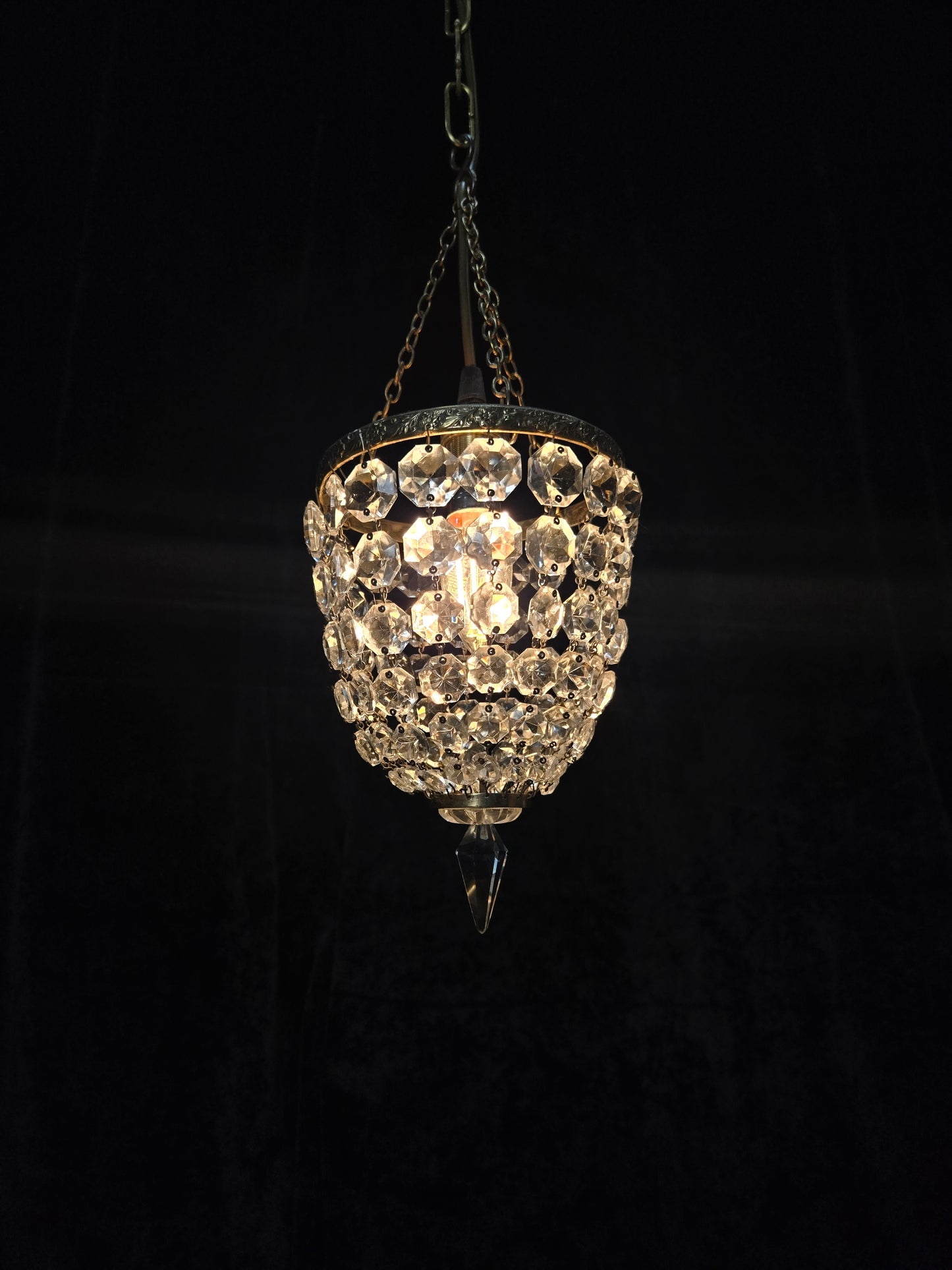 Petite Antique French Crystal Half Bag Brass 1 Light Chandelier Ceiling Light
