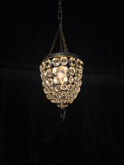 Petite Antique French Crystal Half Bag Brass 1 Light Chandelier Ceiling Light