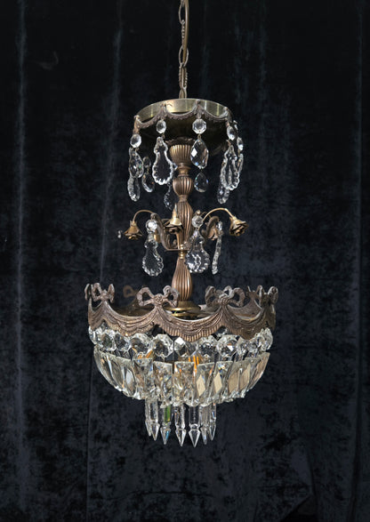 Beautiful Vintage Italian Brass 3 Light Crystal Bag Bows and Roses Chandelier