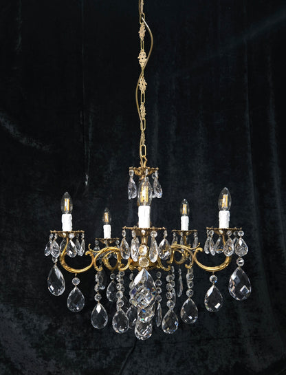Fabulous Vintage French 5 Arm Brass Heavy Crystal Leaf Chandelier Ceiling Light
