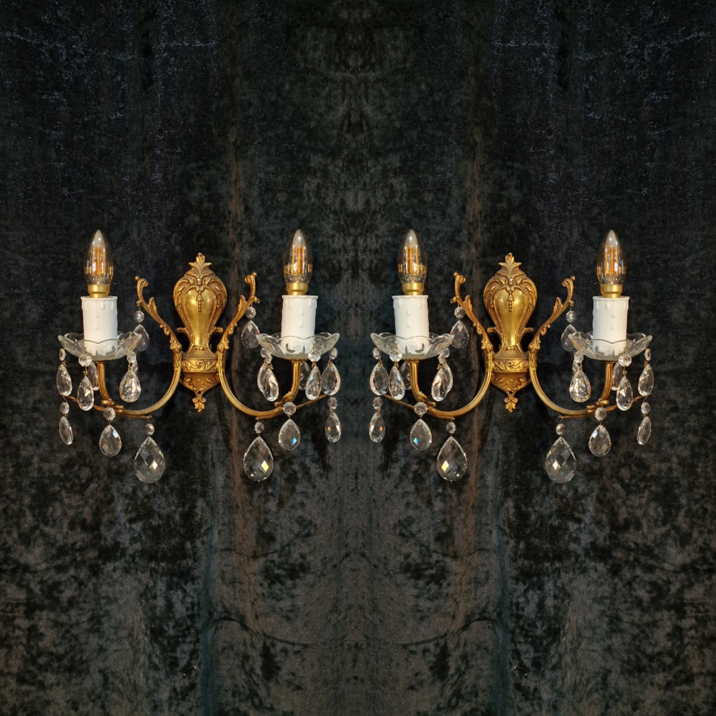 Lovely Pair of Vintage French Leaf Brass Crystal 2 Arm Wall Lights Sconces