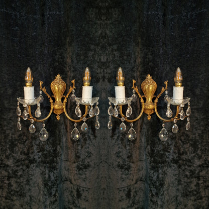 Lovely Pair of Vintage French Leaf Brass Crystal 2 Arm Wall Lights Sconces