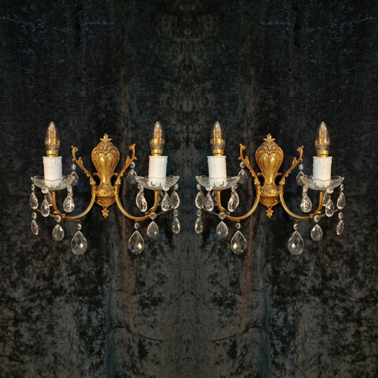 Lovely Pair of Vintage French Leaf Brass Crystal 2 Arm Wall Lights Sconces