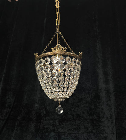 Beautiful Antique French Crystal Bag Brass and Bows Chandelier Ceiling Light