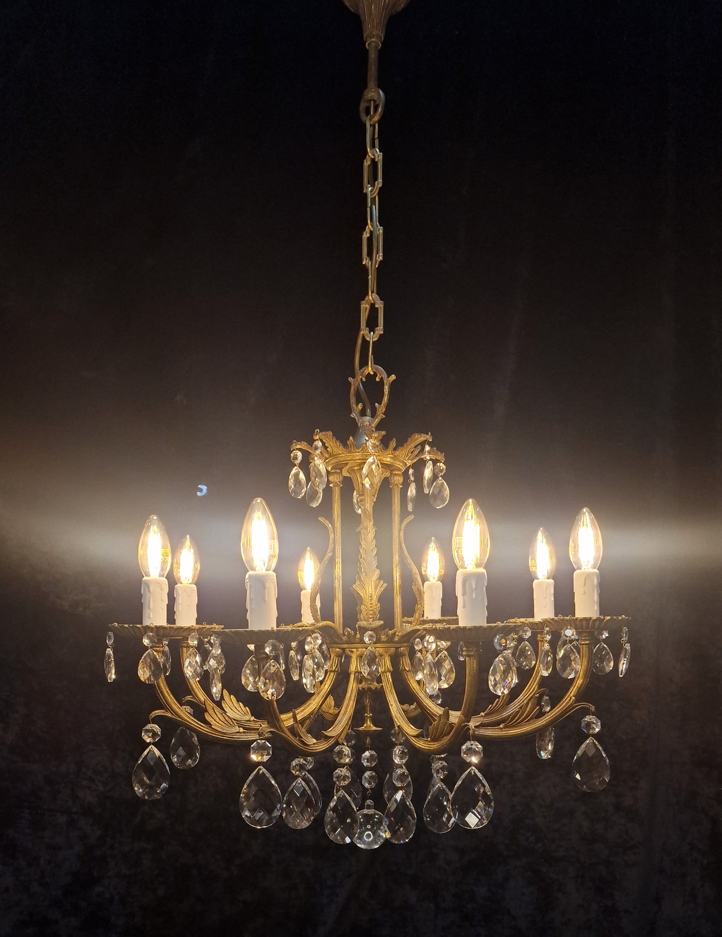 Stunning Heavy Large Antique Vintage French Brass Crystal 8 Arm Chandelier Light