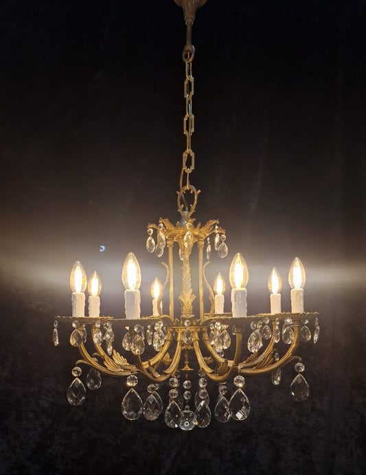 Stunning Heavy Large Antique Vintage French Brass Crystal 8 Arm Chandelier Light