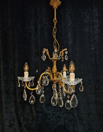 Beautiful Antique French 3 Arm Crystal Brass Leaf Chandelier Ceiling Light