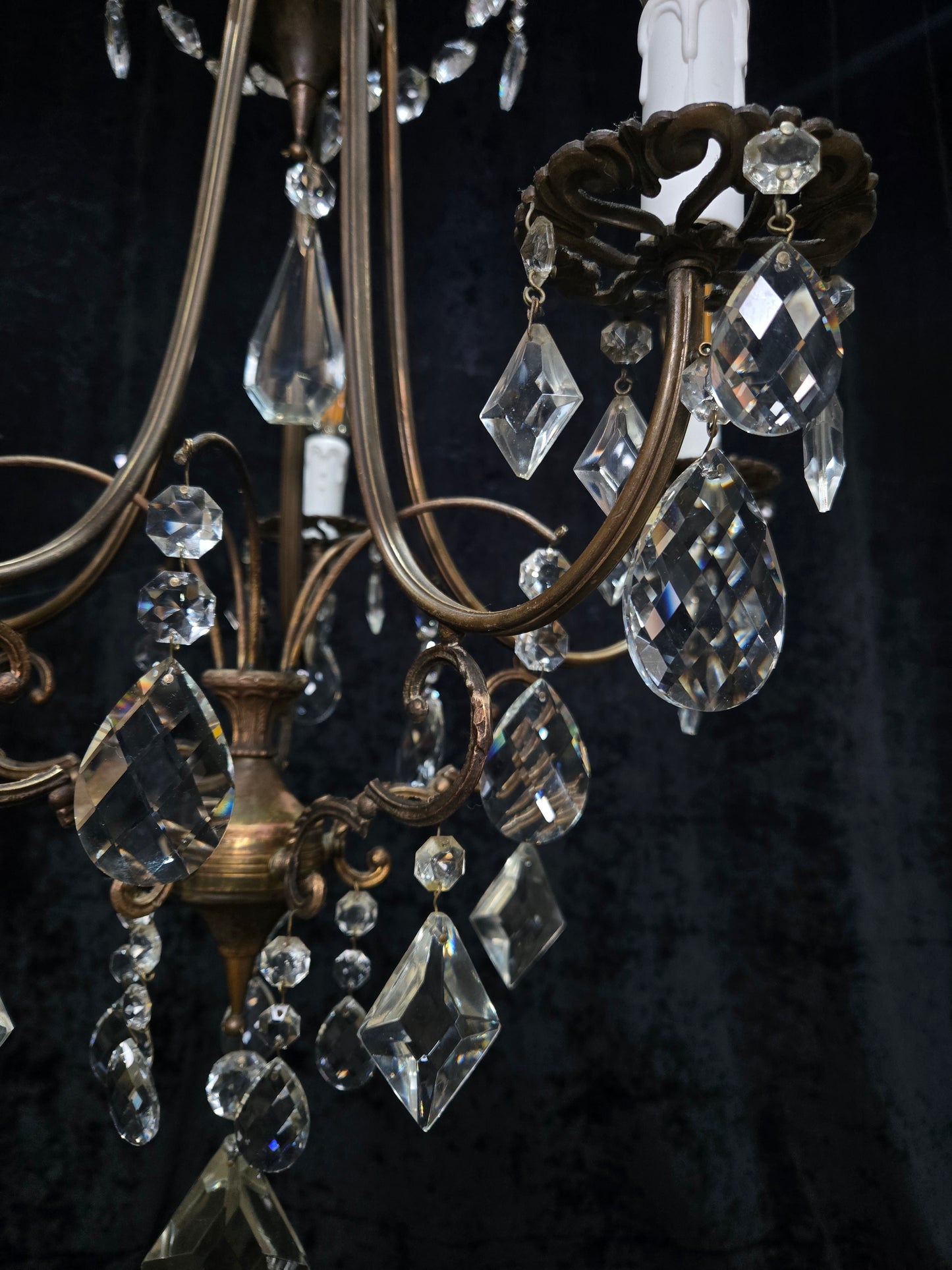 Beautiful Vintage Italian 5 Arm Brass Crystal Cage Chandelier Ceiling Light