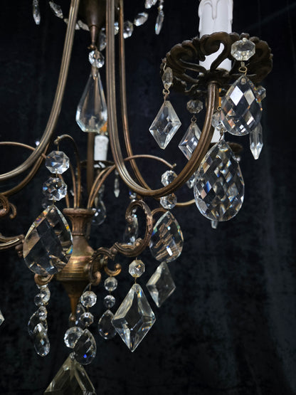 Beautiful Vintage Italian 5 Arm Brass Crystal Cage Chandelier Ceiling Light