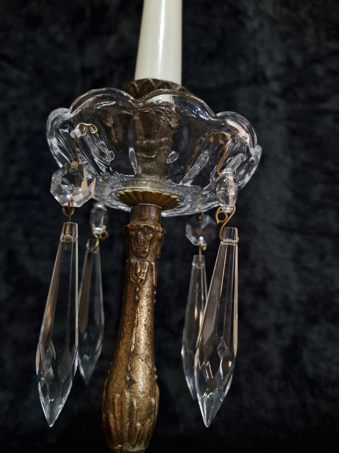 Lovely Pair of Elegant Vintage Italian Brass and Glass Crystal Candlesticks