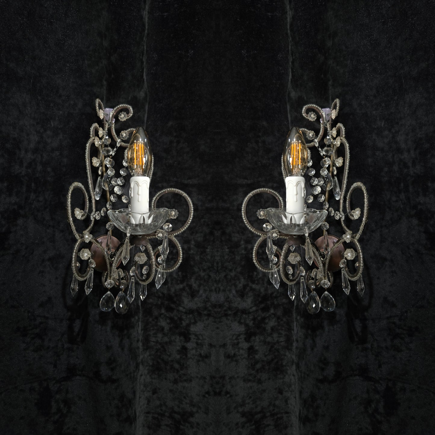 Elegant Pair Vintage Italian Venetian Style Crystal Glass and Iron Wall Lights