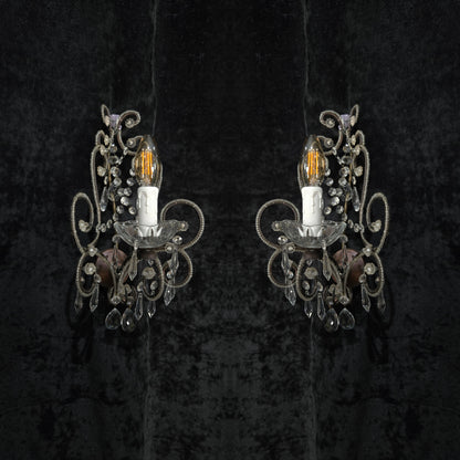Elegant Pair Vintage Italian Venetian Style Crystal Glass and Iron Wall Lights