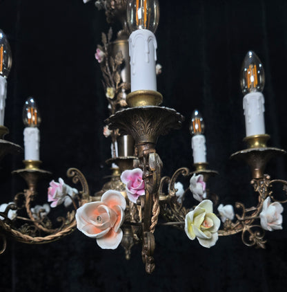 Fabulous Vintage Italian 6 Arm Brass Florentine Flower Roses Chandelier Light