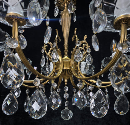 Beautiful Vintage Italian 8 Arm Brass Glass Crystal Chandelier Ceiling Light