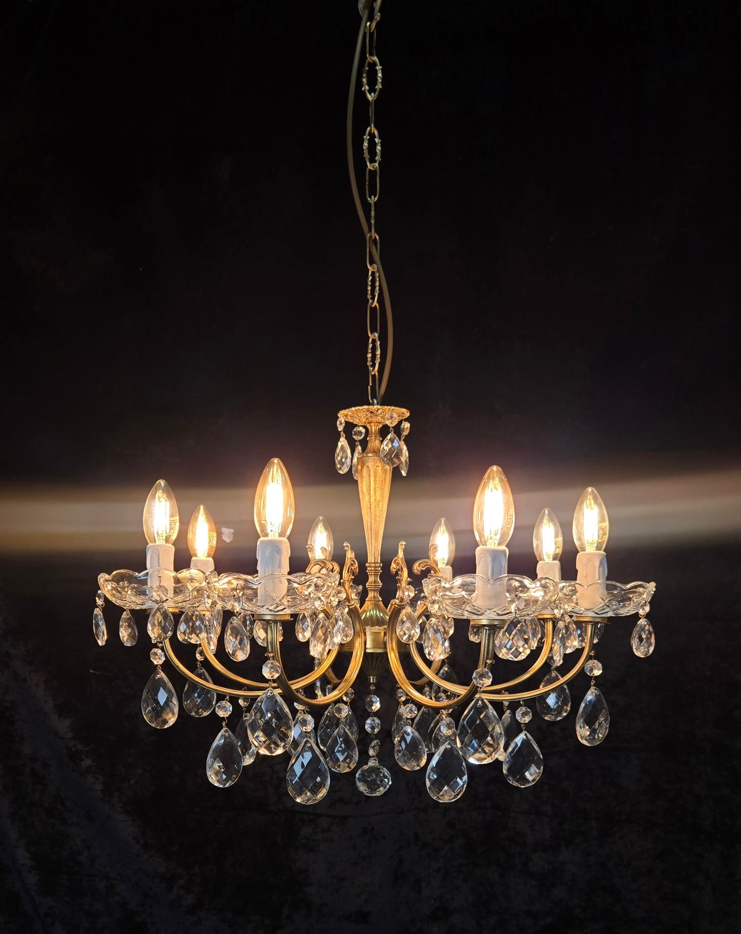 Beautiful Vintage Italian 8 Arm Brass Glass Crystal Chandelier Ceiling Light