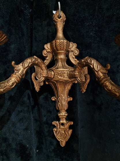 Lovely Pair of Vintage Gilded Spelter 2 Arm Wall Lights Sconces