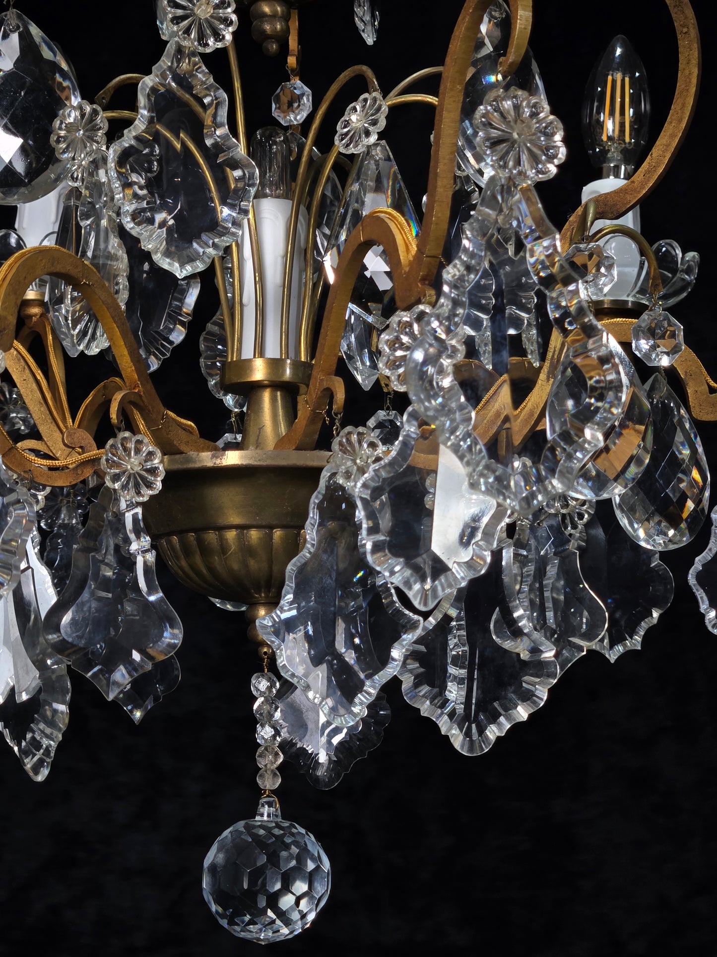 Gorgeous Antique French 6 Arm 7 Light Brass Bronze Cage Crystal Chandelier Light