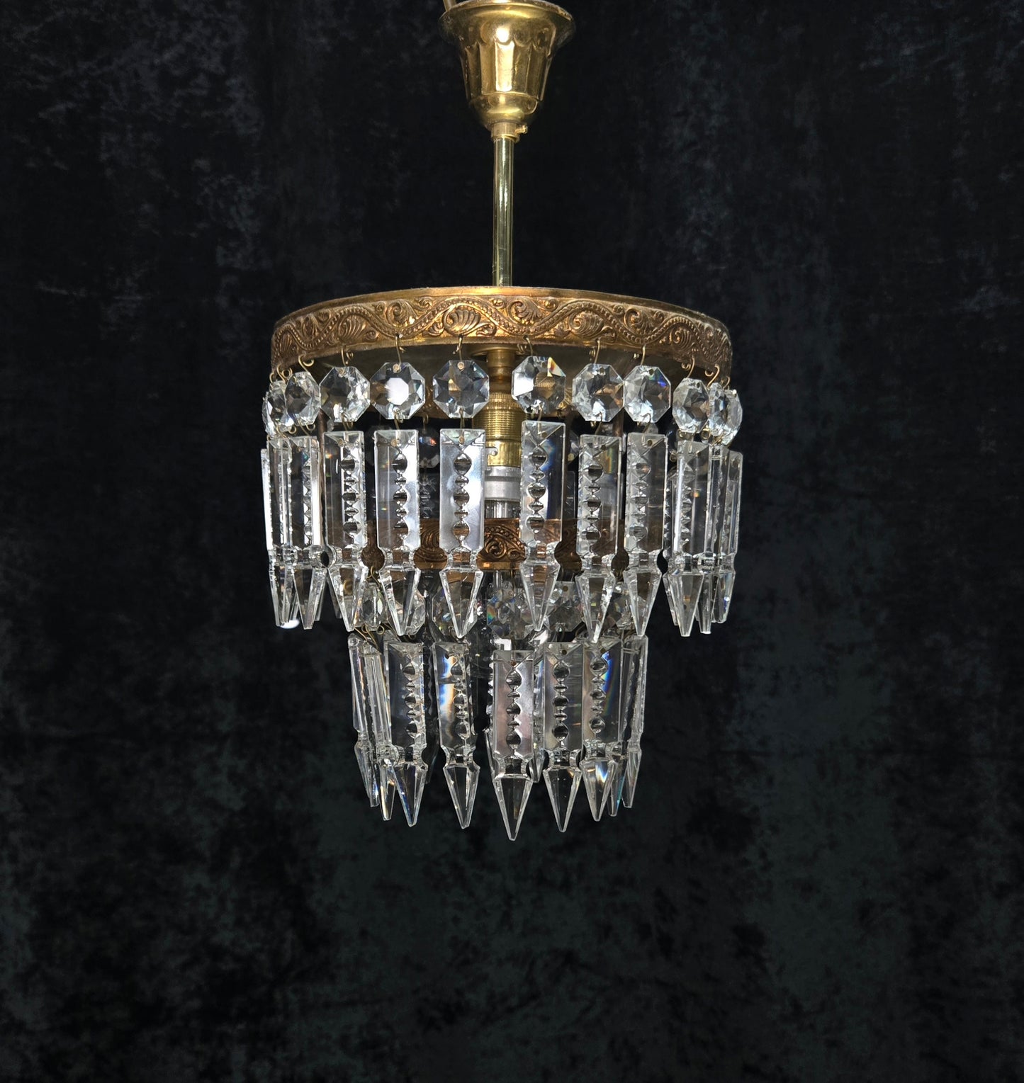 Beautiful Vintage French 2 Tier Waterfall Crystal Brass 1 Light Flush Chandelier