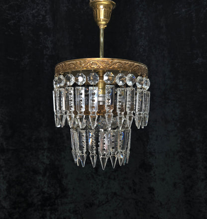 Beautiful Vintage French 2 Tier Waterfall Crystal Brass 1 Light Flush Chandelier