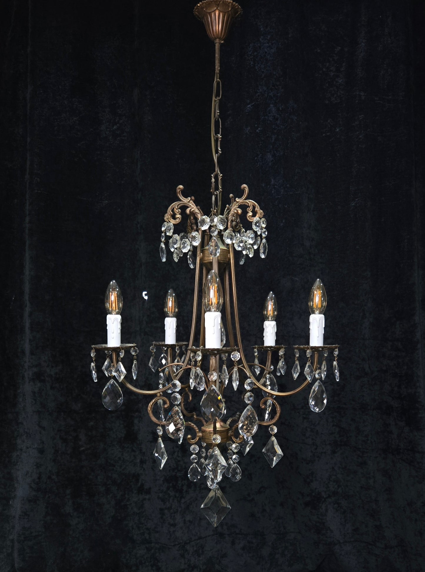 Beautiful Vintage Italian 5 Arm Brass Crystal Cage Chandelier Ceiling Light