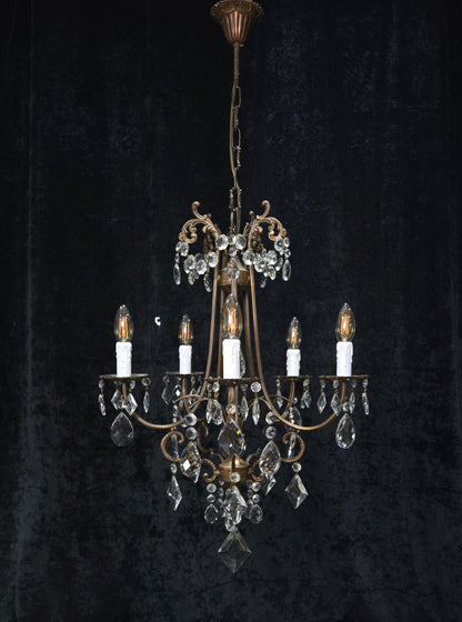 Beautiful Vintage Italian 5 Arm Brass Crystal Cage Chandelier Ceiling Light