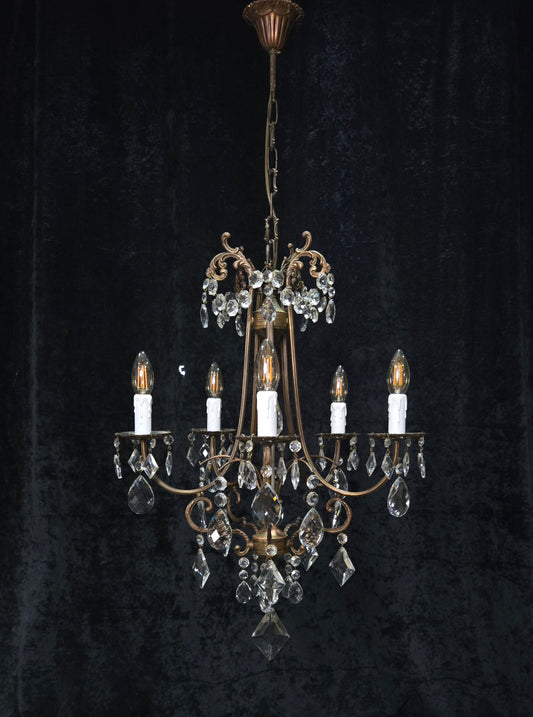 Beautiful Vintage Italian 5 Arm Brass Crystal Cage Chandelier Ceiling Light