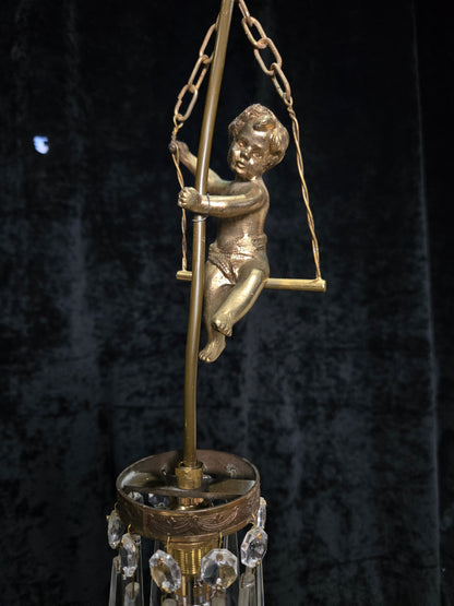 Beautiful Petite Vintage French Brass Cherub Crystal Chandelier Ceiling Light