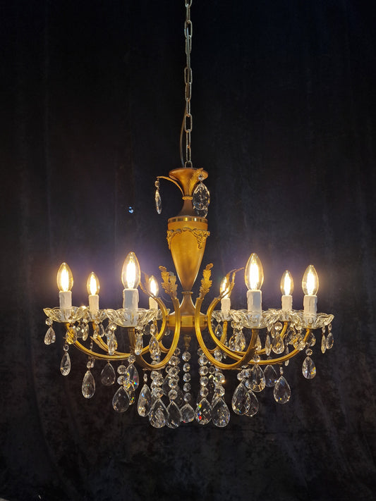 Beautiful Vintage Italian 8 Arm Brass and Crystal Leaf Chandelier Ceiling Light