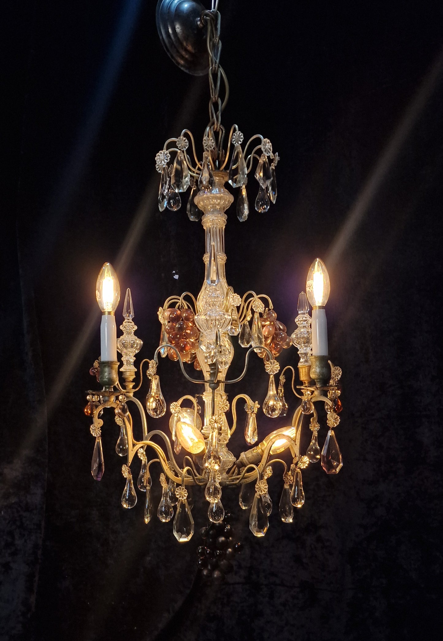 Exceptional Antique French 6 Light Murano Grape Crystal Solid Brass Chandelier