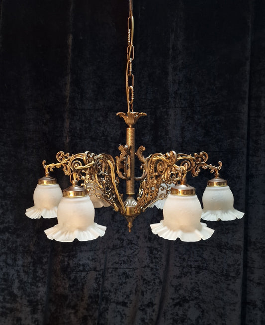 Decorative Vintage Italian 6 Arm Brass Chandelier Ceiling Light with Shades