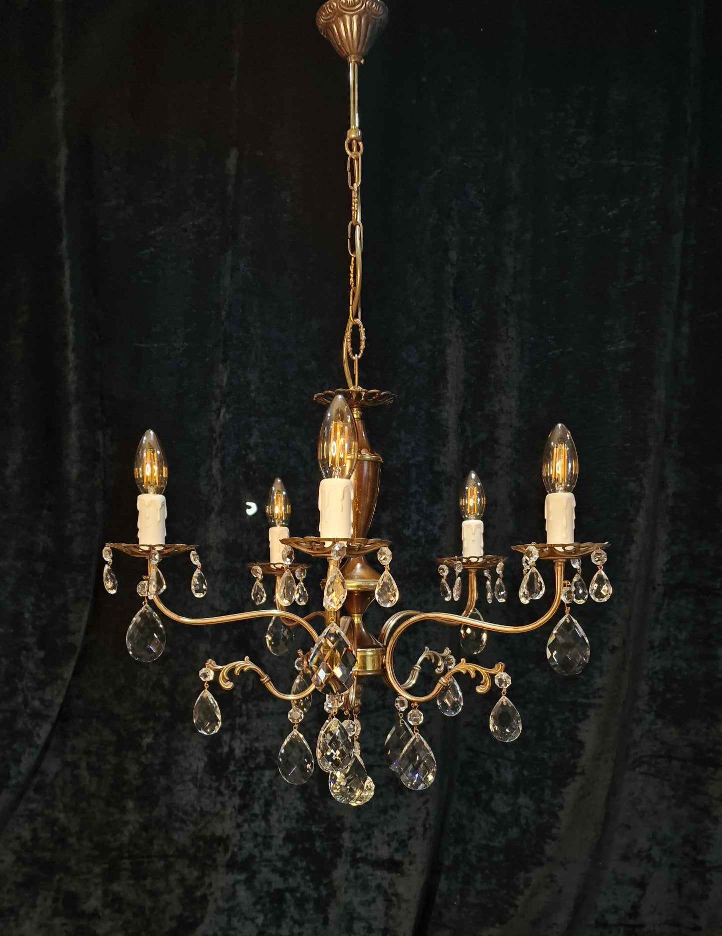 Beautiful Vintage Italian 5 Arm Brass Crystal Chandelier Ceiling Light