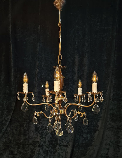 Beautiful Vintage Italian 5 Arm Brass Crystal Chandelier Ceiling Light