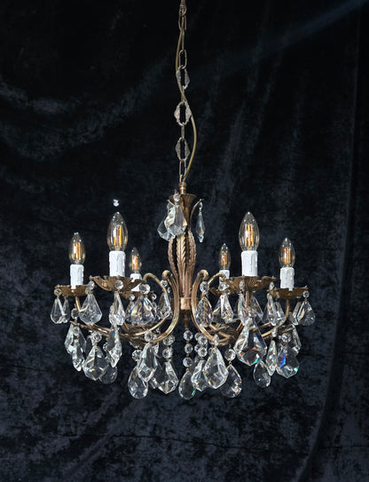 Fabulous Heavy Vintage Italian 6 Arm Leaf Crystal Chandelier Ceiling Light