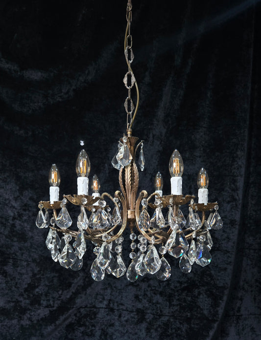 Fabulous Heavy Vintage Italian 6 Arm Leaf Crystal Chandelier Ceiling Light