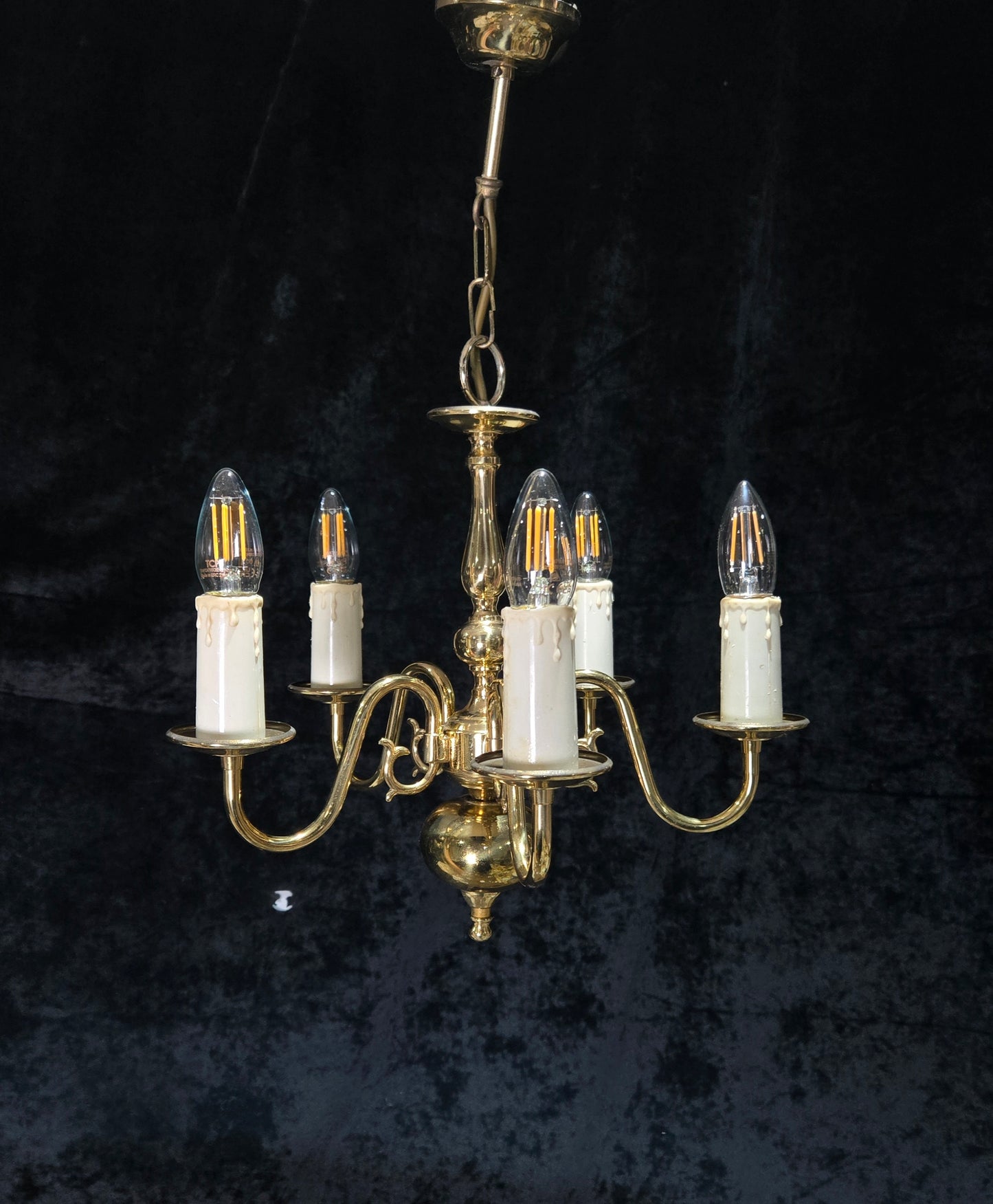 Classical Vintage Small 5 Arm Polished Brass Flemish Chandelier Ceiling Light