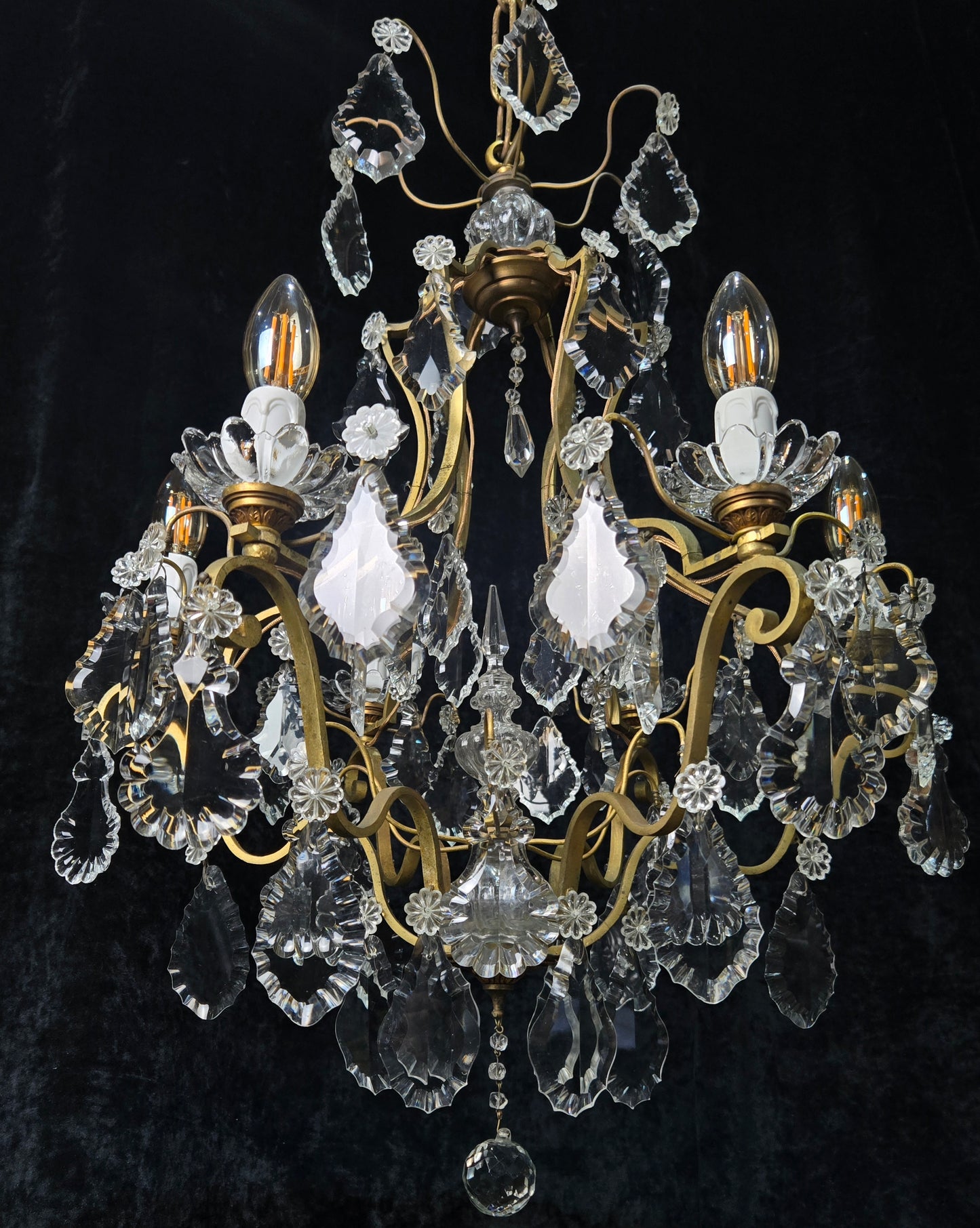 Classical Antique French 6 Arm Caged Bronze Crystal Chandelier Ceiling Light