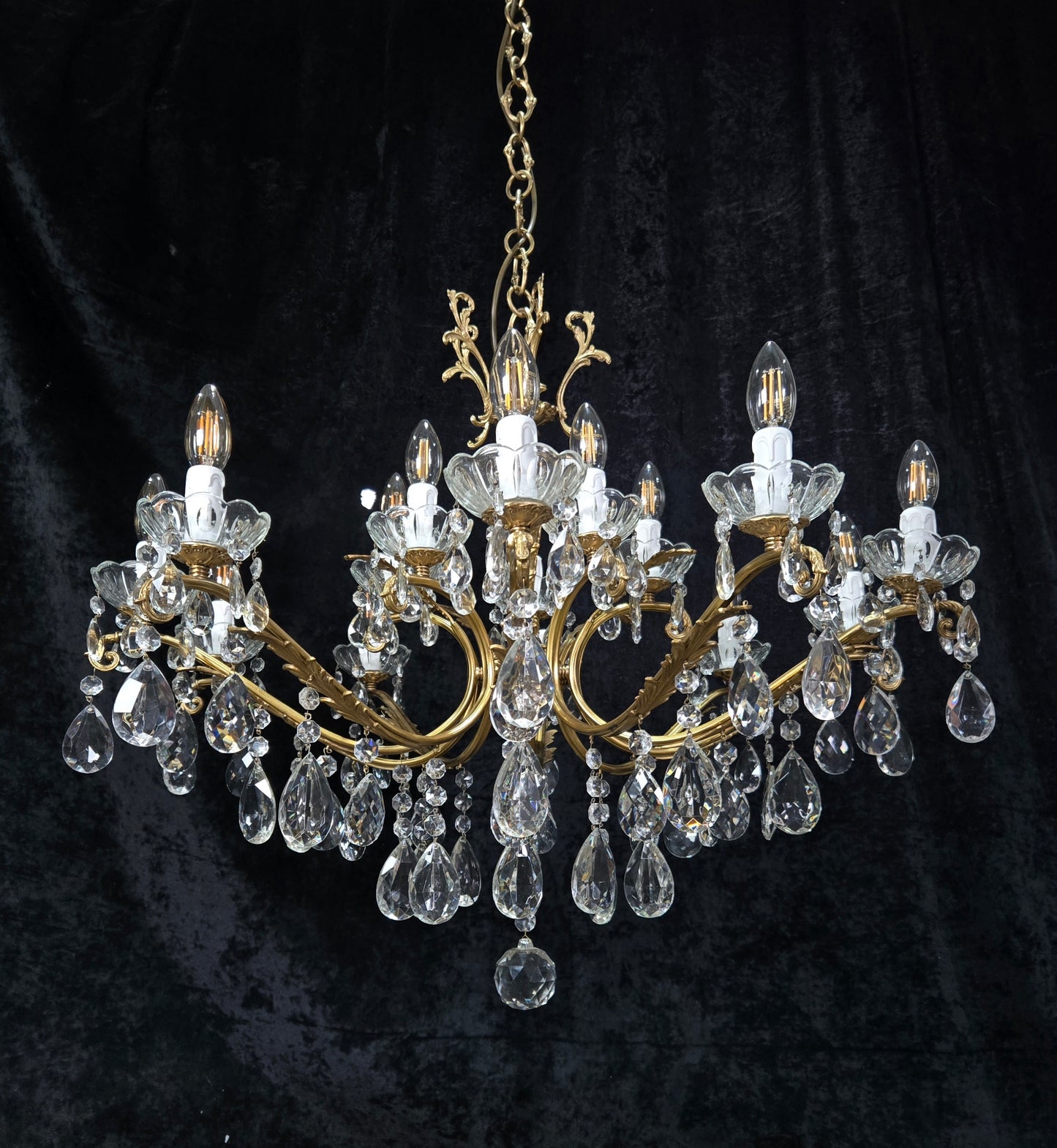 Fabulous Large Vintage Italian Heavy 10 Arm 15 Light Brass Crystal Chandelier