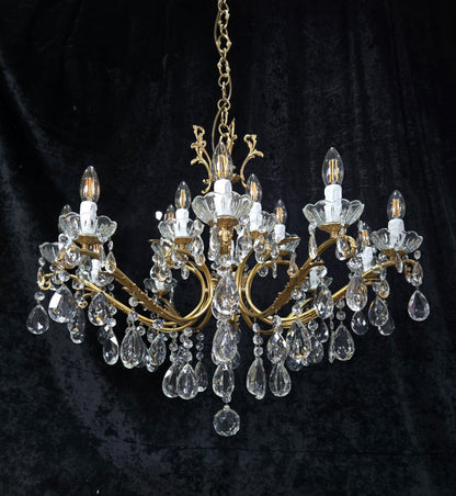 Fabulous Large Vintage Italian Heavy 10 Arm 15 Light Brass Crystal Chandelier