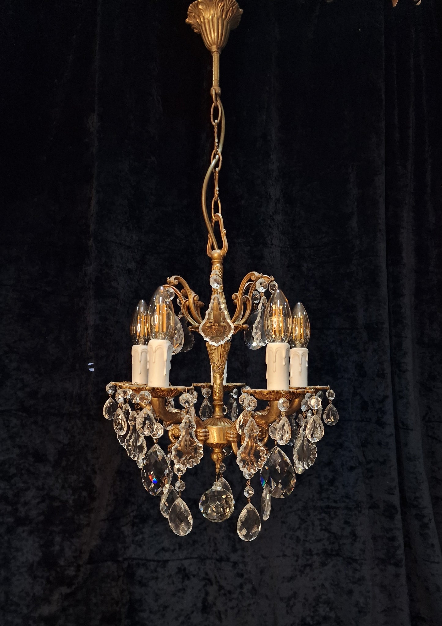 Beautiful Antique French 5 Arm Brass and Crystal Chandelier Ceiling Light