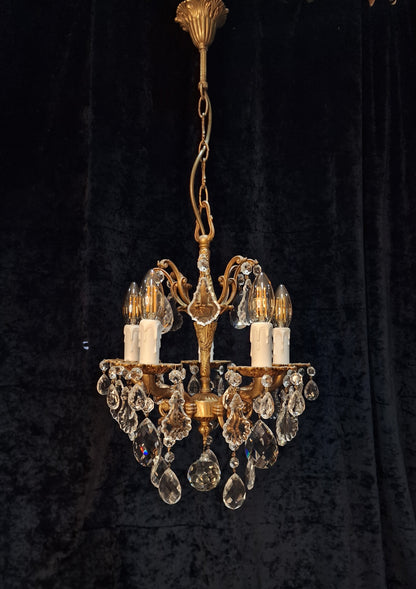 Beautiful Antique French 5 Arm Brass and Crystal Chandelier Ceiling Light
