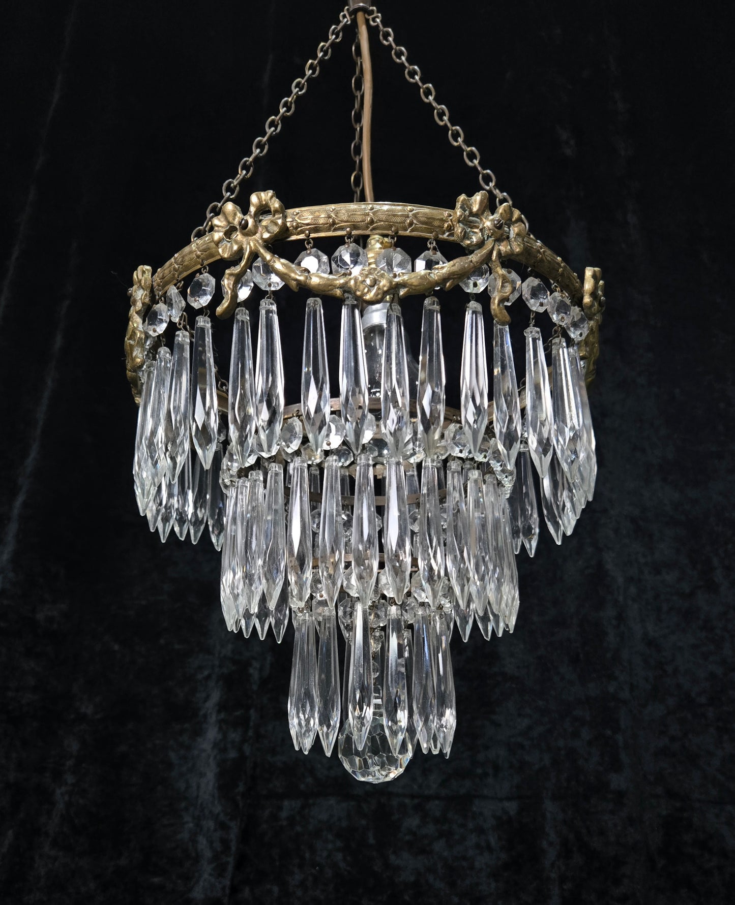 Fabulous Antique French Empire Style Brass Crystal Bows Chandelier Ceiling Light